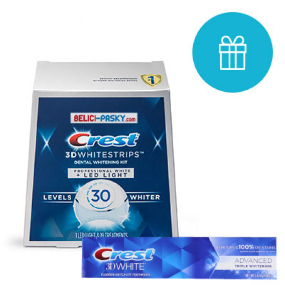 Bělicí pásky PROFESSIONAL White + LED LIGHT + zubní pasta ADVANCED TRIPLE WHITENING